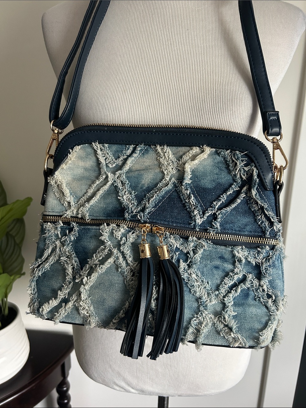 Dasein Denim Fringe Crossbody Bag with Tassel 11" wide by 9" tall